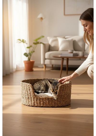 Akayev Nature Hasır Yuvarlak Kedi Ve Köpek Yatağı Minderli 45 Cm