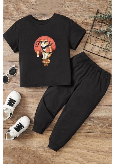 Uyguntarz Summer Kids Shinobi Kedi Alt - Üst Eşofman Takımı Siyah