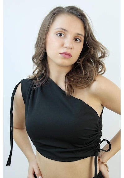 Mois Atelier Tek Omuz Büzgülü Crop Top, Tasarım, Hediye, Büyük Beden Siyah