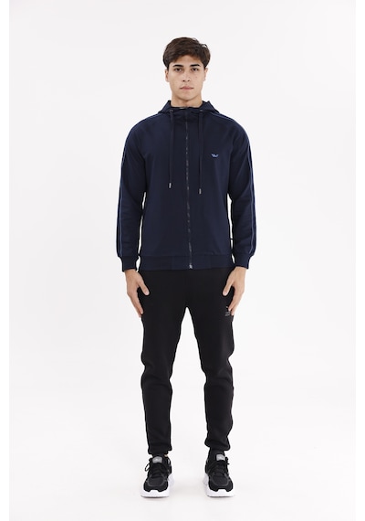 Rowinger Çift Şerit Kol Detaylı Tam Fermuarlı Cepli Rahat Kalıp Ayarlanabilir Kapüşonlu Sweatshirt Navyblue