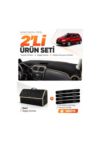 E-biz Dacıa Sandero Stepway 2015-2021 Uyumlu Torpido Örtüsü + Deri Çanta - Siyah-bej - Da004