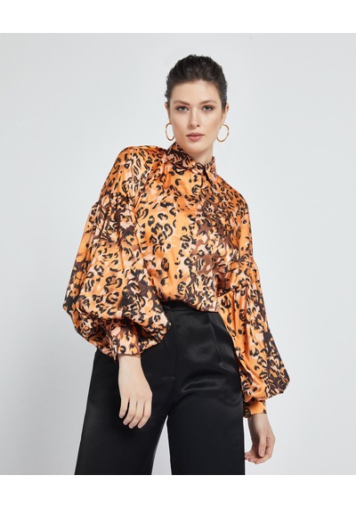 Serpil Exclusive Kadın Leopar Desenli Gömlek - Balon Kol - Saten - Modern Ve Şık Tasarım - Günlük Ve Özel Gün Kullanımı İçin Gömlek Orange