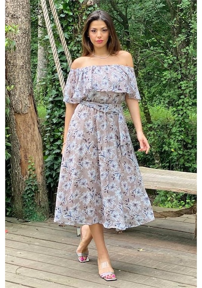 Neşeli Butik Kadın Bej Madonna Kuşaklı Çiçek Desenli Şifon Elbise Nb10037 Vizon
