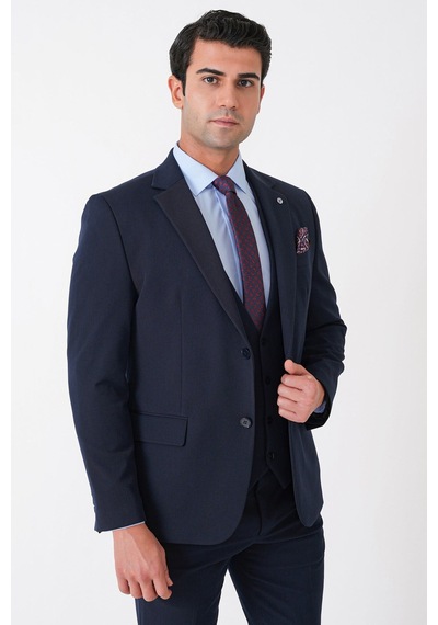 Efor Slim Fit Çift Yırtmaç Esnek Yünlü Lacivert Yelekli Takım Elbise Tk 958