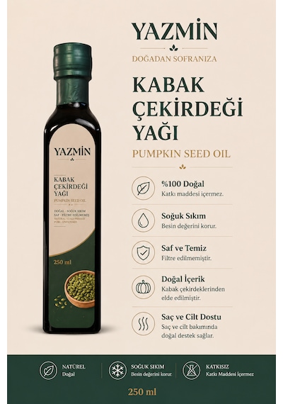 Yazmin Kabak Çekirdeği Yağı 250 Ml Cam Şişe Soğuk Sıkım %100 Saf Doğal Kabak Çekirdeği Yağı