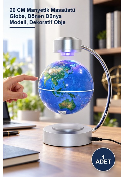 1 Adet Mıknatıslı Ortada Dönen Dünya Küre 26 Cm Manyetik Masaüstü Globe, Dönen Dünya Modeli, Dekoratif Obje Sarı
