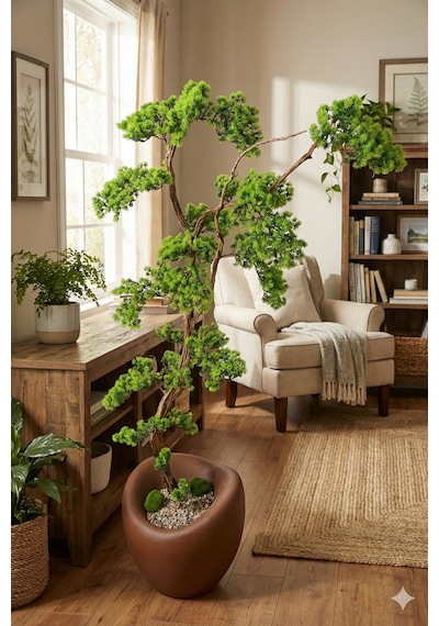 Yapay Çiçek Sitesi Fiber Saksıda Doğal Gövdeli Bonsai Yapay Ağaç 170 Cm Yeşil