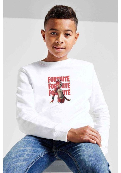 Tshirthane Fortnite Battle Royale Red Knight Baskılı Unisex Çocuk Sweatshirt Beyaz