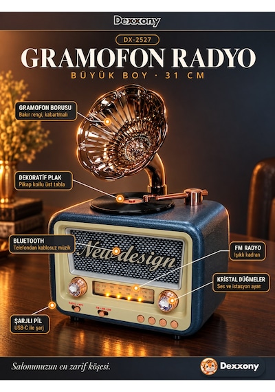 Dexxony Dx-2527 Mavi Nostaljik Radyo Gramofon Görünümlü Büyük Boy Şarjlı Bluetooth Hoparlör Fm Usb