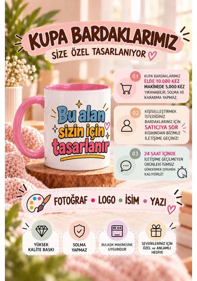 Kendin Tasarla Kişiye Özel Baskılı Fikirlerinizi İhtiyaçlarınızı İletin Size Özel Baskı Desen Çalışalım Kupa Bardak Özel Hediye Porselen Pembe