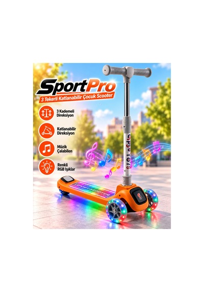 Maxpro Scooter Müzikli Işıklı 3tekerli Katlanabilir 3+yaş 3kademe Direksiyon Ayarı Turuncu