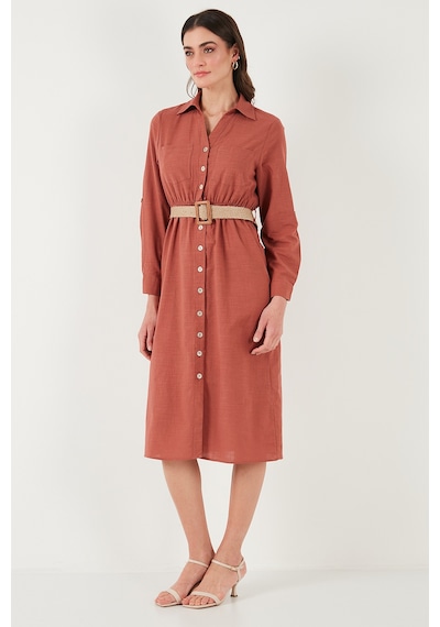 Lela Pamuklu Regular Fit Kemerli Midi Boy Gömlek Bayan Elbise 67810301 Camel