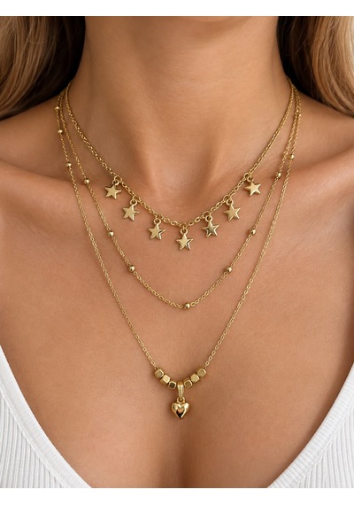 Kadın Çoklu Katmanlı Kolye Kombini Yıldız Kalp Madalyon Deniz Yıldızı Charm Detaylı Şık Kolye Seti Km057 Rose Gold