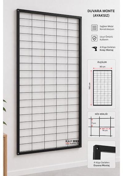 90x190 Cm Ayaklı Tel Pano Metal Stand Duvara Monte Grid Panel Mağaza Market Telefoncu Bijuteri Askılık Standı Siyah