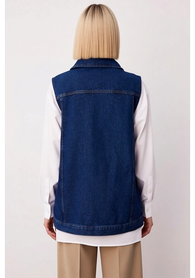 Benerly Kadın Gömlek Yaka Kolsuz Düğmeli Cepli Denim Yelek Ceket Regular Koyu Mavi