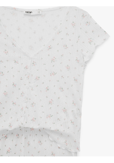 Koton Pamuklu Kısa Kollu Desenli Şortlu Pijama Takımı Ekru Desenli 6slk40197mk