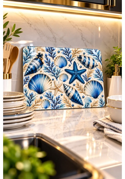 Gökçeoğlu Cam Kesme Tahtası Mavi Deniz Kabukları Temalı - Cam Kesme Tablası 20cm X 30cm Çok Renkli
