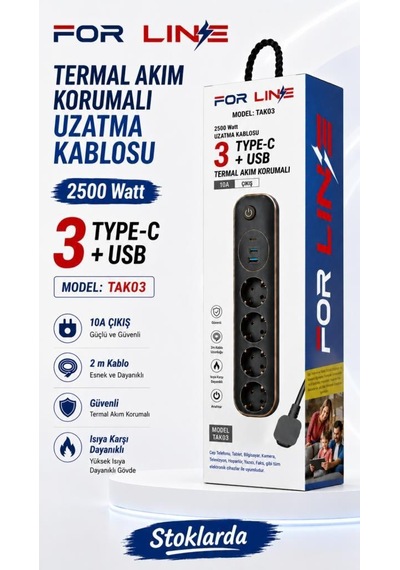 Forline 4 Soketli Type-c + 2 Usb Girişli 2metre Kablolu Akım Korumalı Grup Priz 2 M