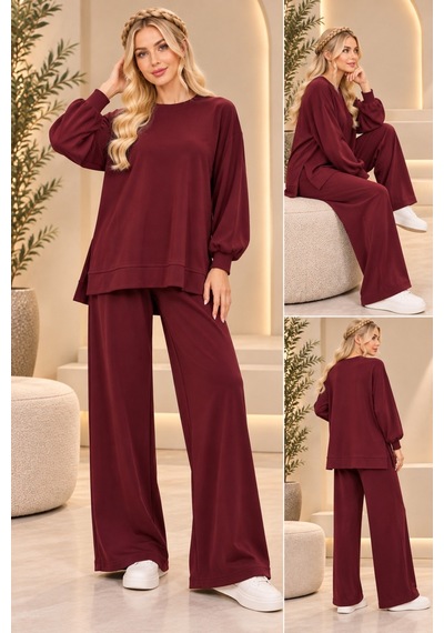 Bul-al Kadın Oversize Bisiklet Yaka Uzun Kollu Tunik Ve Cepli Olmayan Bol Paça Pantolon İkili Takım Bordo Bul-al Kadın Oversize Bisiklet Yaka Uzun Kollu Tunik Ve Cepli Olmayan Bol Paça Pantolon İkili Takım Bordo