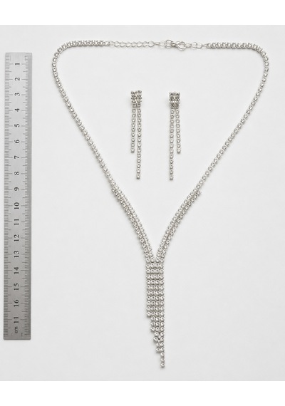 Crystal Şelale Kadın Abiye Takı Seti Gümüş Renk Taşlı Y Model Kolye Ve Sallantılı Küpe Seti Renkli