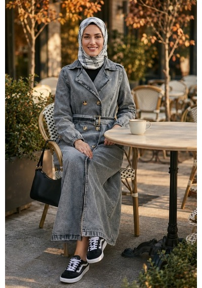 Hb Harma Time Butik Kadın Kemerli Düğmeli Cepli Gri Trençkot