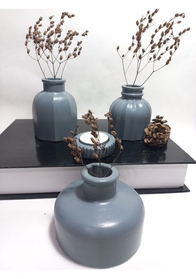 Modern Minimal Vazo Set 3'lü, Ev & Ofis Hediyelik, Dekoratif Obje, Gri