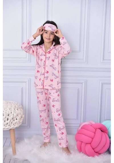 Lillypicca Kız Çocuk Desenli Pamuklu Önden Düğmeli Göz Bantlı Uzun Kol Pijama Takımı 9036 Pembe