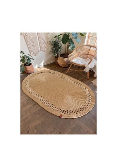 Oval Jüt Hasır Halı Görünümlü Doğal Boho Balkon Banyo Oturma Odası Kapı Önü Paspas Bej 860458852 Bej