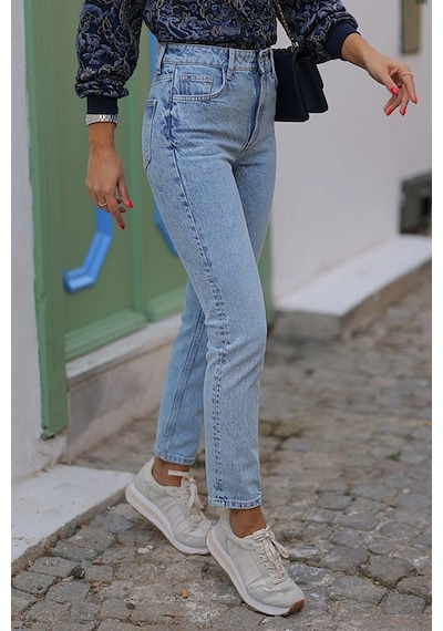 Woddi Tatum Mavi Kar Yıkama Boyfriend Jean Kadın Solmaz Mom Toparlayıcı Kot Pantolon Taş1