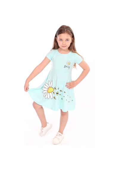 Toontoy Kız Çocuk Göğsü Ve Etek Kısmı Daisy Yazılı Arı Baskılı Elbise Su Yeşili