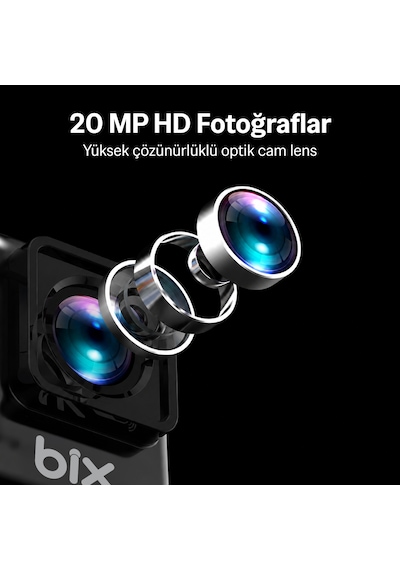 Bix Pulse 1 Wi-fi 4k 30fps Ultra Hd Aksiyon Kamerası Çift Ekranlı 30 Metre Su Geçirmez Kılıflı Vlog Bisiklet Motosiklet Kask Kamerası Siyah