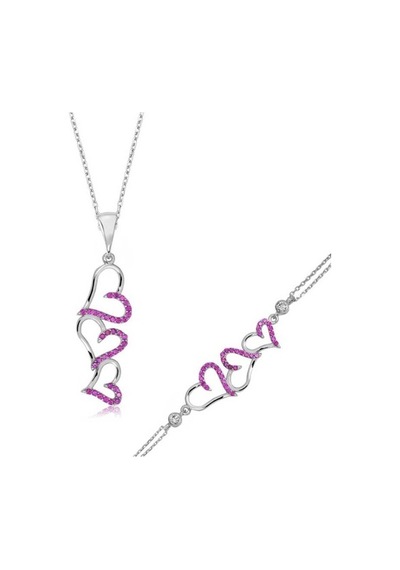 Gümüş Pembe Üç Kalpli Kadın Set (510775583)