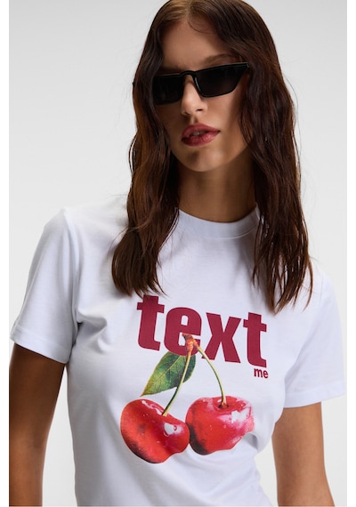 ETHIQUET E VERA Kadın %100 Pamuk Comfort Fit Baskılı Kısa Kollu Yuvarlak Yaka Beyaz / Desenli T-Shirt