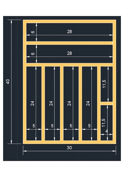 30x40 Cm Çok Bölmeli Ahşap Kaşıklık Ve Kepçelik Seti - Çekmece Düzenleyici- Ahşap Organizer