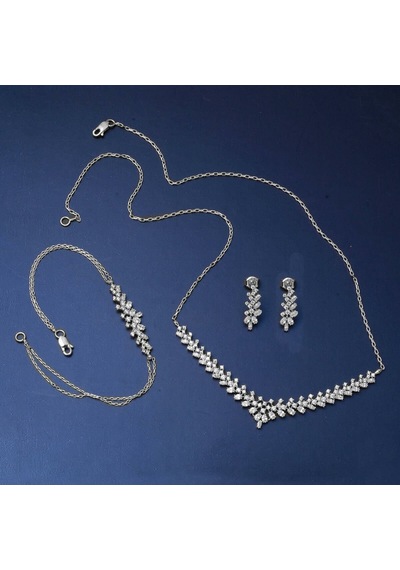 Bilezikci Modern Tasarım 14 Ayar Beyaz Altın Hanımeli Set Stpj34133
