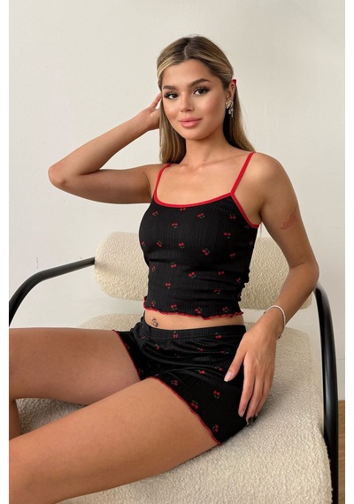 Giysa Kadın Askılı Kaplı Kiraz Desenli Şortlu Pijama Takımı Siyah - 3403