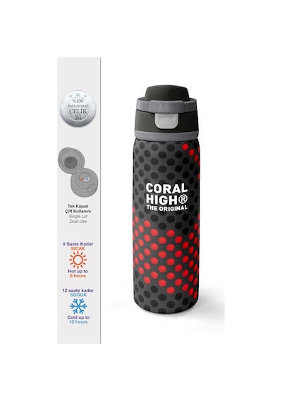Coral High Siyah Kırmızı Desenli Pipetli Ve Direkt İçim Çelik Termos 800 Ml 38511 Siyah - Kırmızı