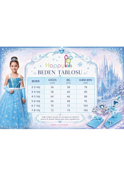 Butik Happy Kids Elsa Kız Çocuk Prenses Kostümü Askılı Payetli Kar Taneli Elbise - Taç Asa Eldiven Hediyeli Mavi