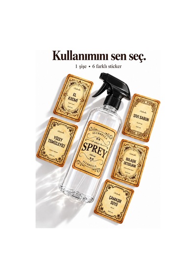 Alubrella 500 Ml Şeffaf Boş Sprey Şişe Ve 6 Lı Genel Amaçlı Etiket Seti Amber