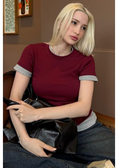 Bordo Bisiklet Yaka Çift Renkli Basic Tişört Mg2682 Bordo