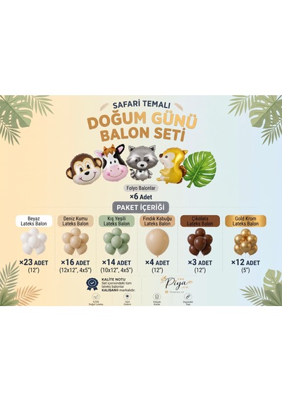 Safari Temalı Büyük Balon Seti 76 Parça Soft Karışık Renkler
