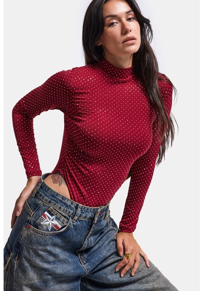 Kadın W6-35 Snap Body Suit Parlak Taşlı Tasarım Body Bordo