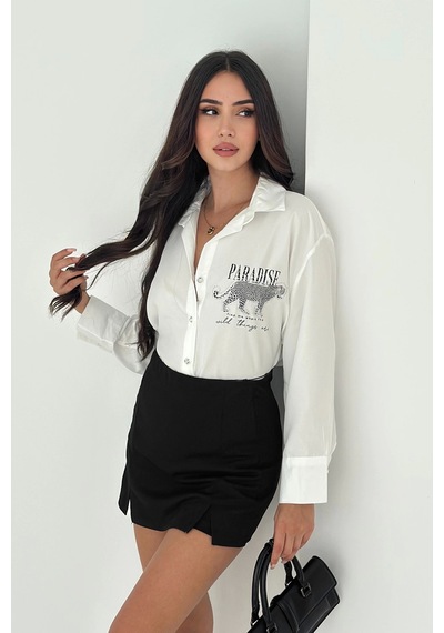 Asprin Fashion Dril Kumaş Paradise Baskılı Taşlı Gömlek Gümüş Gümüş