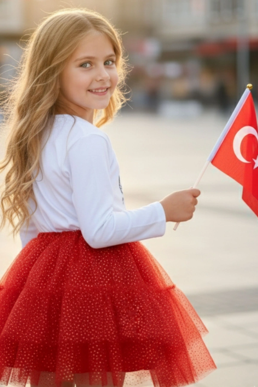 Kız Çocuk Simli Kırmızı Tütü Etek Milli Bayramlara Özel Yaldızlı Astarlı Tütü Kız Çocuk Etek Kırmızı