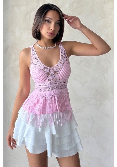 Verymoda Güpür Detaylı Askılı Bluz D2892 Pembe