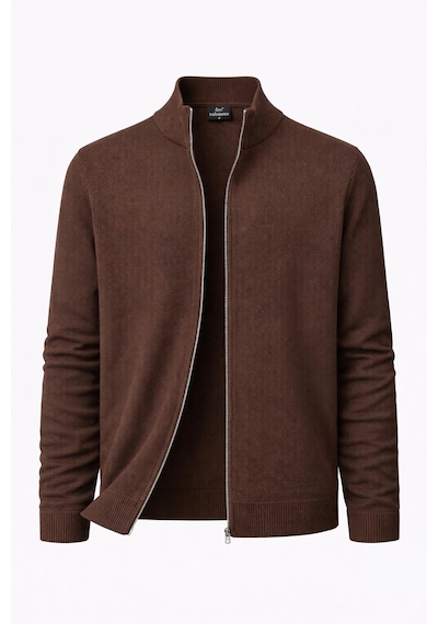 Turbulance Slim Fit Erkek Tam Fermuarlı Triko Ceket - 7521 Kahverengi