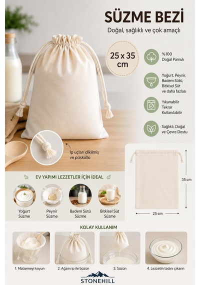 Stonehill Büzgülü Süzme Bezi 25 X 35 Cm -%100 Doğal Pamuk, 3-4 Kg Kapasiteli Yoğurt, Labne Ve Lor Peyniri Yapımı İçin Süzme Torbası, Badem, Soya Ve Yulaf Sütü Süzme Bezi, Yıkanabilir 50 x 22 Stonehill Büzgülü Süzme Bezi 25 X 35 Cm -%100 Doğal Pamuk, 3-4 Kg Kapasiteli Yoğurt, Labne Ve Lor Peyniri Yapımı İçin Süzme Torbası, Badem, Soya Ve Yulaf Sütü Süzme Bezi, Yıkanabilir 50 x 22