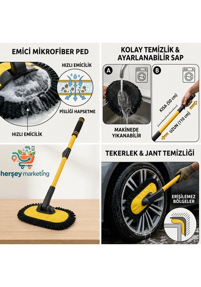 Teleskopik Saplı Uzayan Egimli Dönebilen Mikrofiber Başlıklı Araç Yıkama Fırçası Mop Sarı Uzayıp Kısalan Sap 50 - 110 Cm Premium Şönil Araç Yıkama Mopu