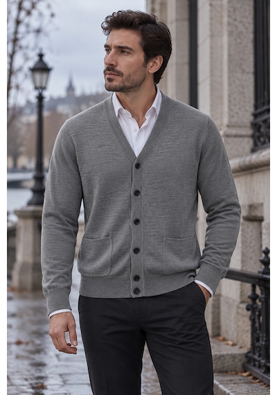 Beyome Erkek Cotton V Yaka Düğmeli Hırka-süveter Yandan Cepli Triko Günlük Şık Rahat Kesim Gri