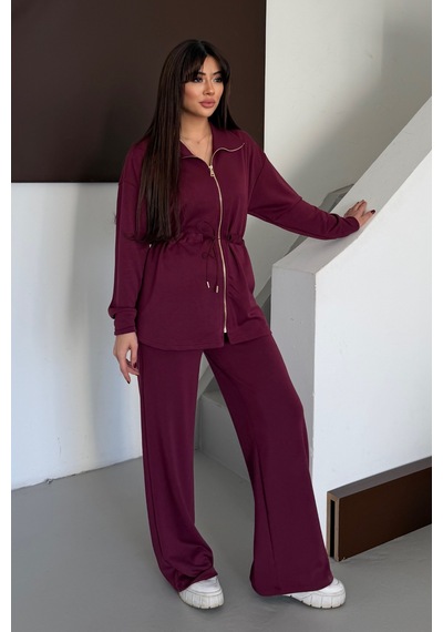 Balenbi Oversize Fermuarlı Beli Bağcıklı Polo Yaka Modal Kadın Takım 1196 - Form Serisi Bordo Balenbi Oversize Fermuarlı Beli Bağcıklı Polo Yaka Modal Kadın Takım 1196 - Form Serisi Bordo
